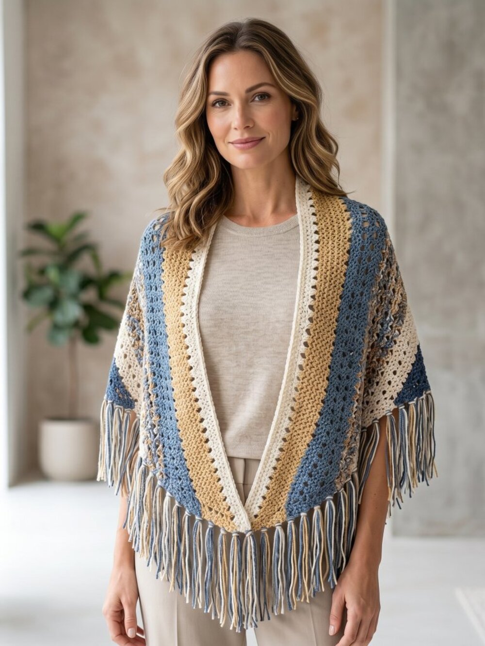 NEW Blue Beige Hand Knitted Shawl Wrap Scarf Boho Fringe‎ Cottage Coastal Earthy